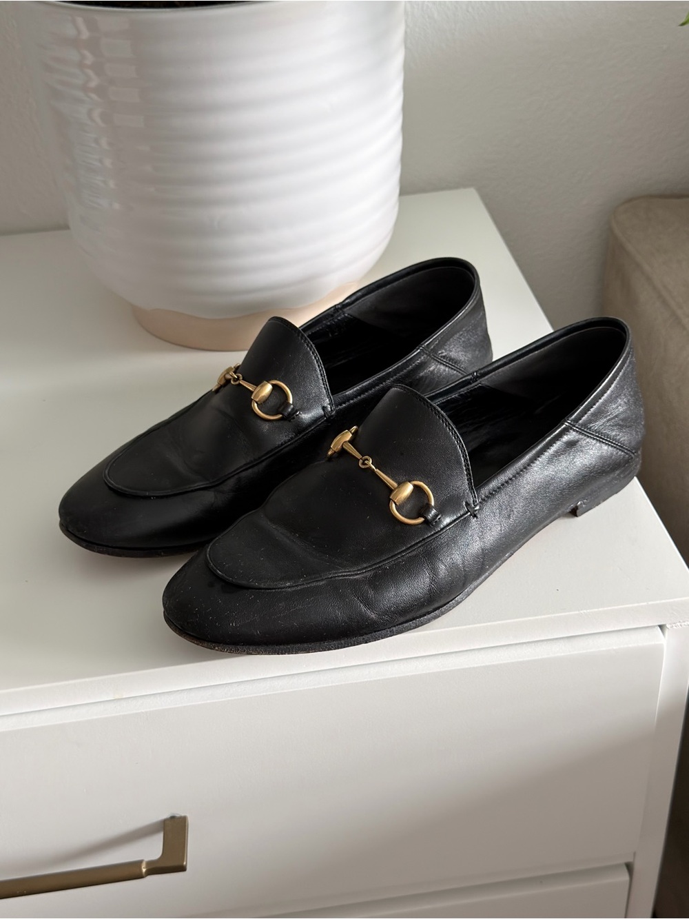Gucci Black Leather Horsebit Loafers with Gold Hardware